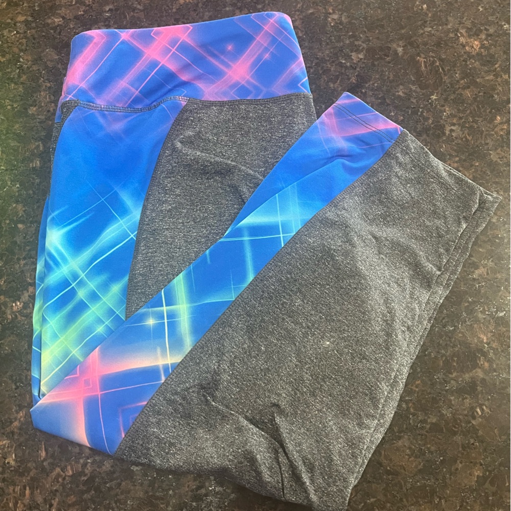 LuLaRoe Blue and Gray Leggings with Vibrant Waistband